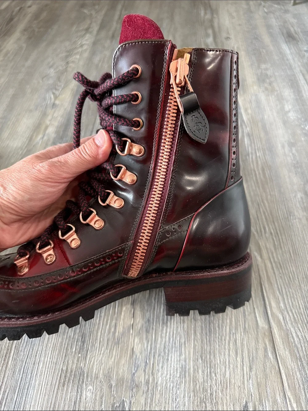 Women's Burgundy Lace-Up Wingtip Boots with Contrast Suede Tongue - Picture 6 of 8